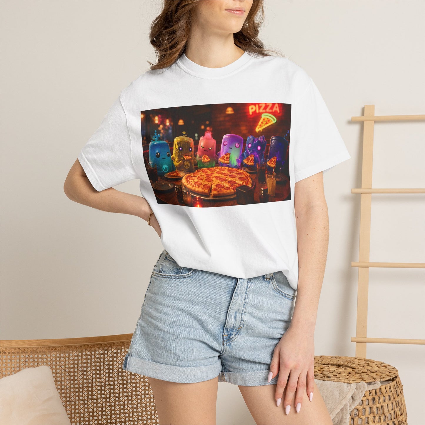 Pizza Night Ghosts T-Shirt — Neon Retro Pizza Party Tee