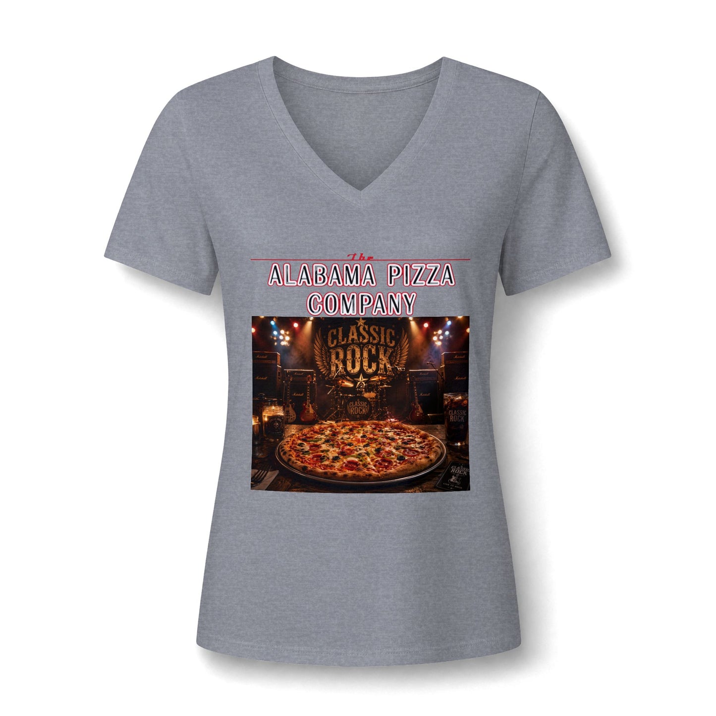 Pizza Company V-Neck Tee — "Classic Rock" Pizzeria Graphic