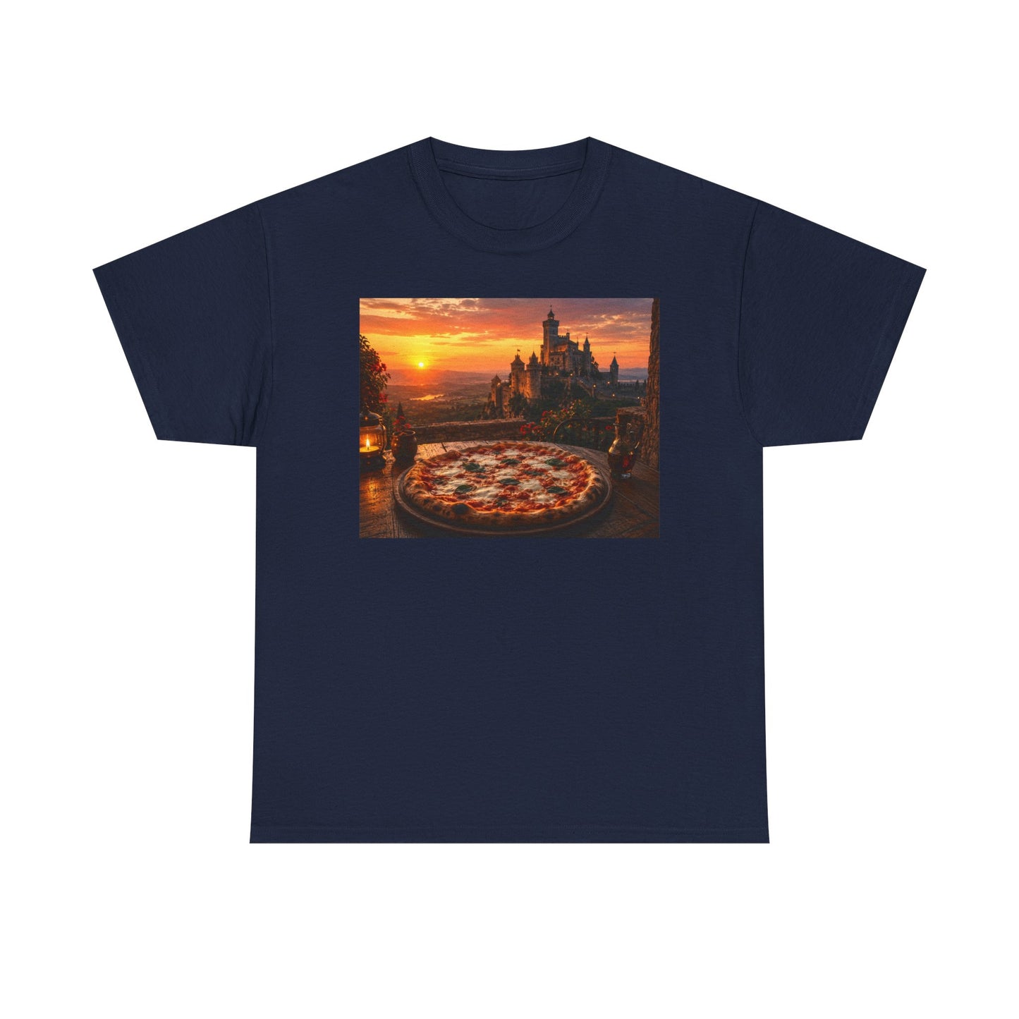 Pizza Sunset T‑Shirt — Scenic Castle & Pizza Print Tee