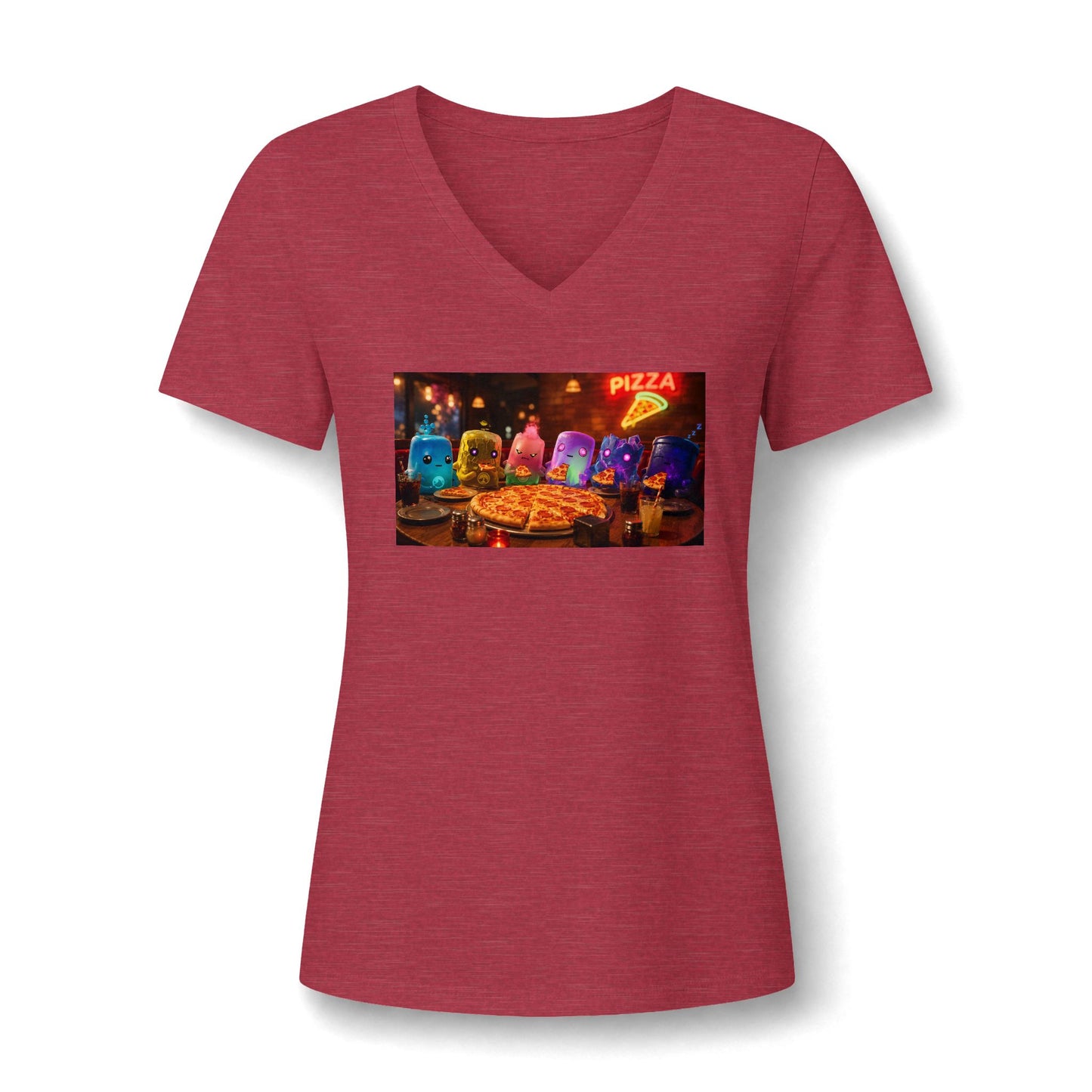 Pizza Night V‑Neck Tee — Colorful Arcade Slice Design