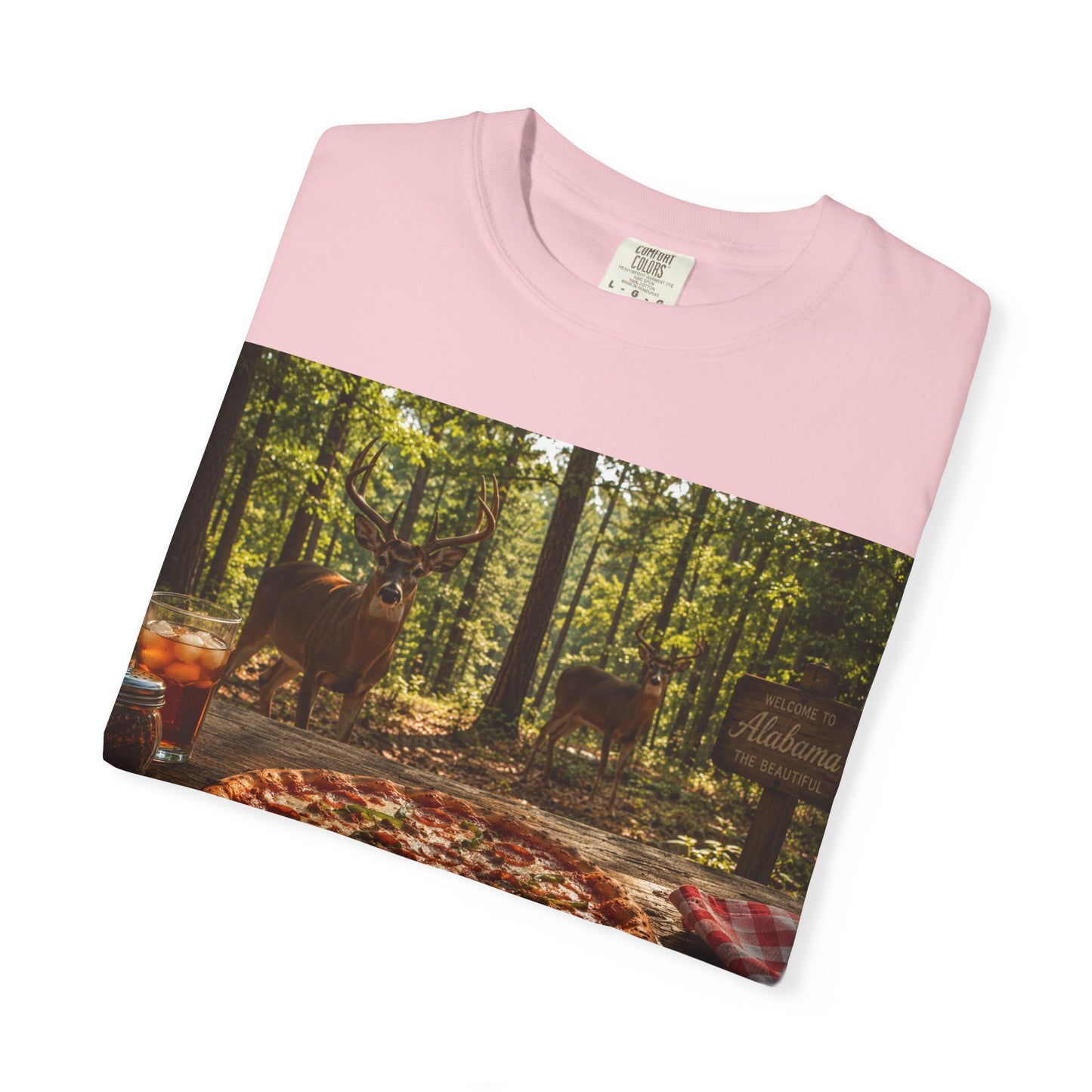 Pizza Picnic T‑Shirt — Forest Camping Pizza Scene