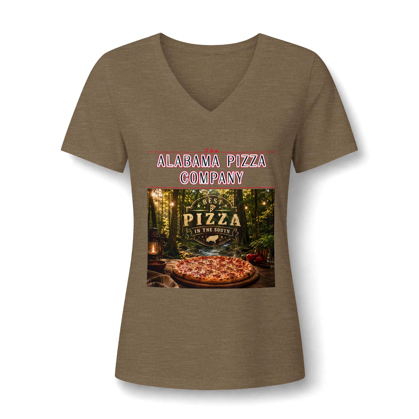 Pizza Company V-Neck Tee — "Mama Pizza Company" Rustic Wood-Fired Pizza Graphic