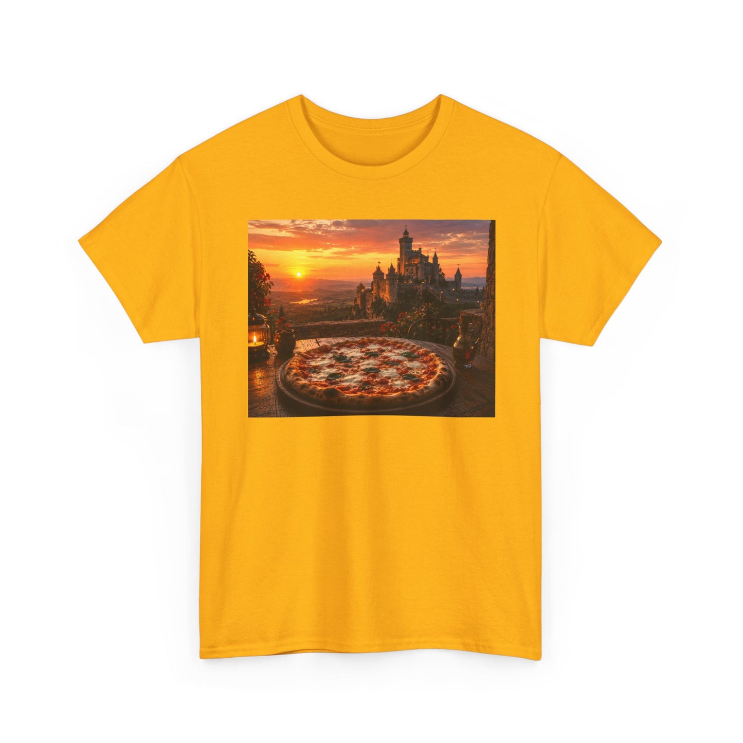 Pizza Sunset T‑Shirt — Scenic Castle & Pizza Print Tee