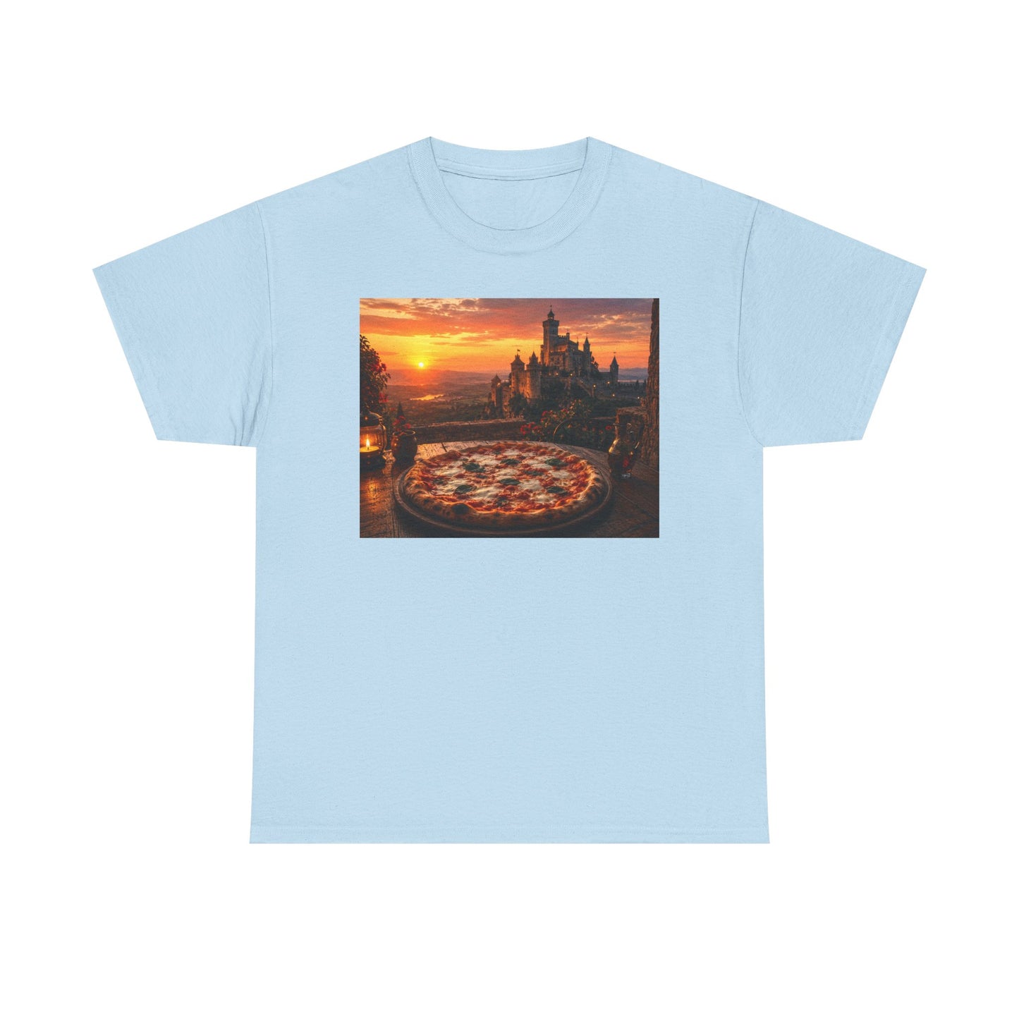 Pizza Sunset T‑Shirt — Scenic Castle & Pizza Print Tee
