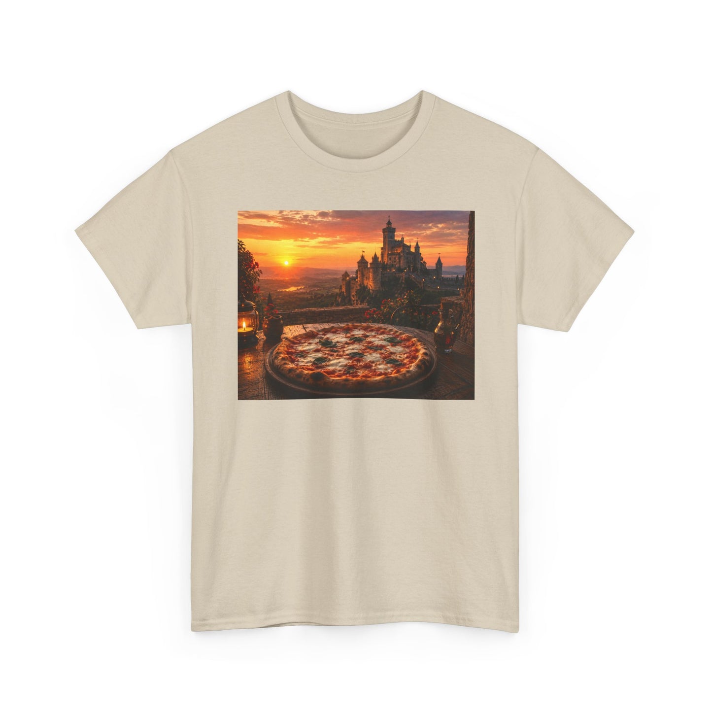 Pizza Sunset T‑Shirt — Scenic Castle & Pizza Print Tee