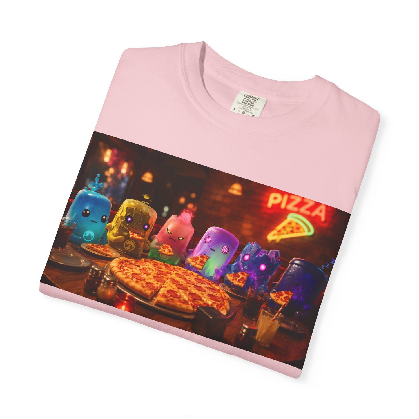 Pizza Night Ghosts T-Shirt — Neon Retro Pizza Party Tee