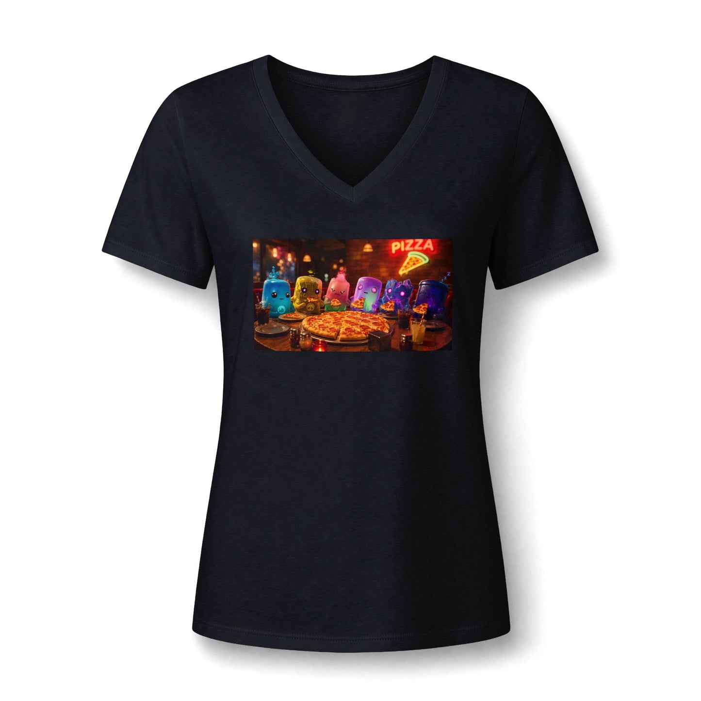 Pizza Night V‑Neck Tee — Colorful Arcade Slice Design