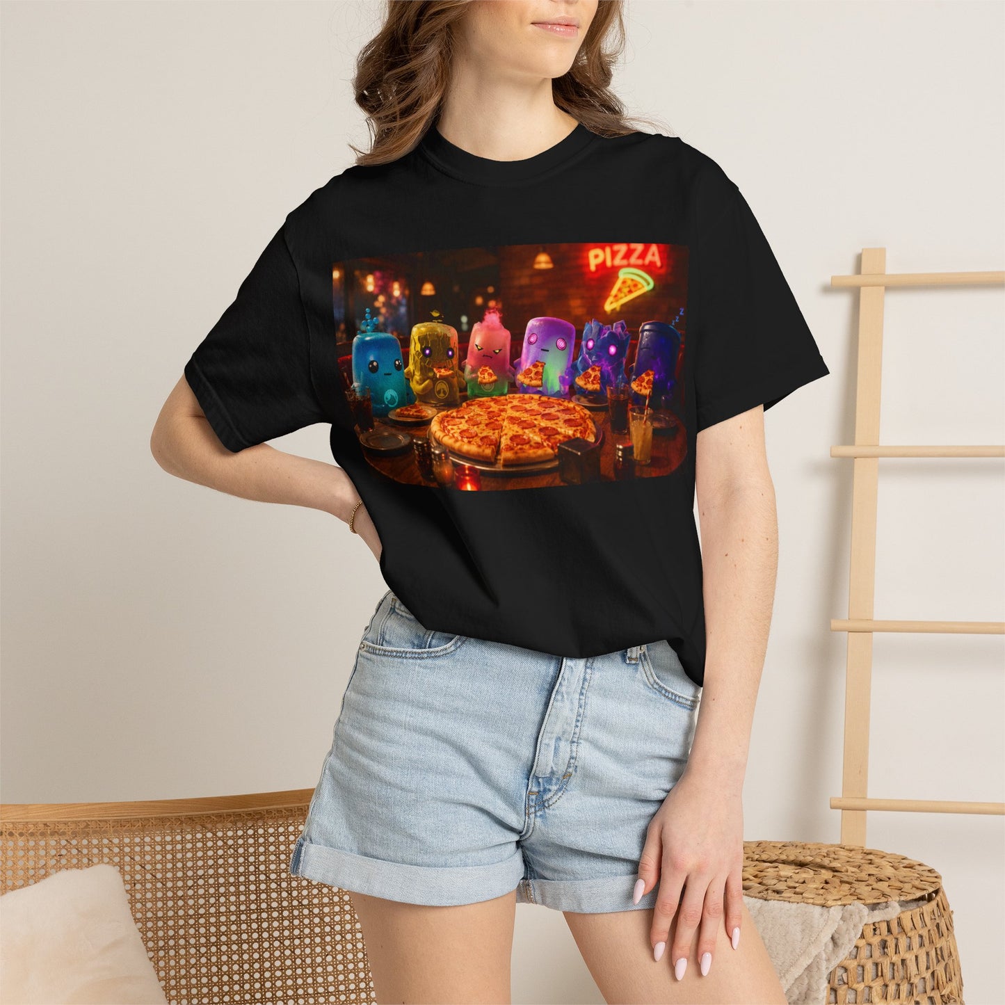 Pizza Night Ghosts T-Shirt — Neon Retro Pizza Party Tee