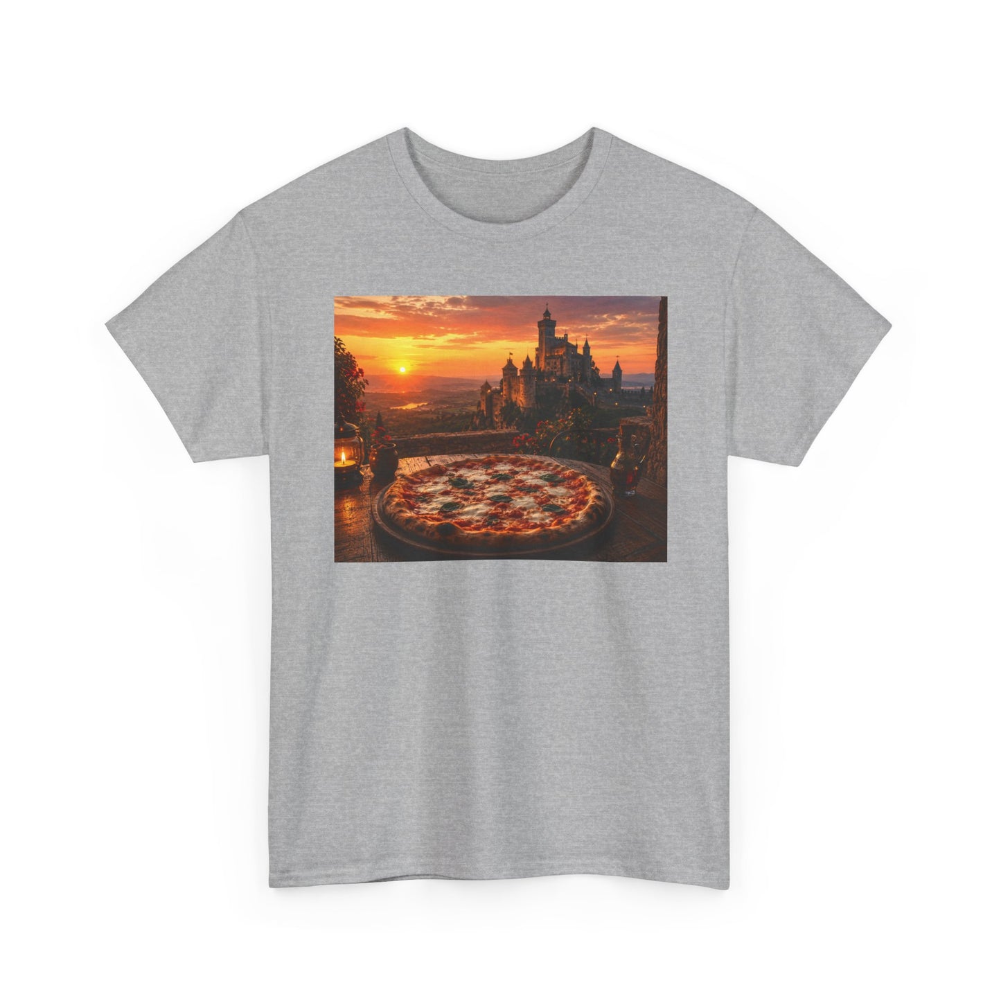 Pizza Sunset T‑Shirt — Scenic Castle & Pizza Print Tee