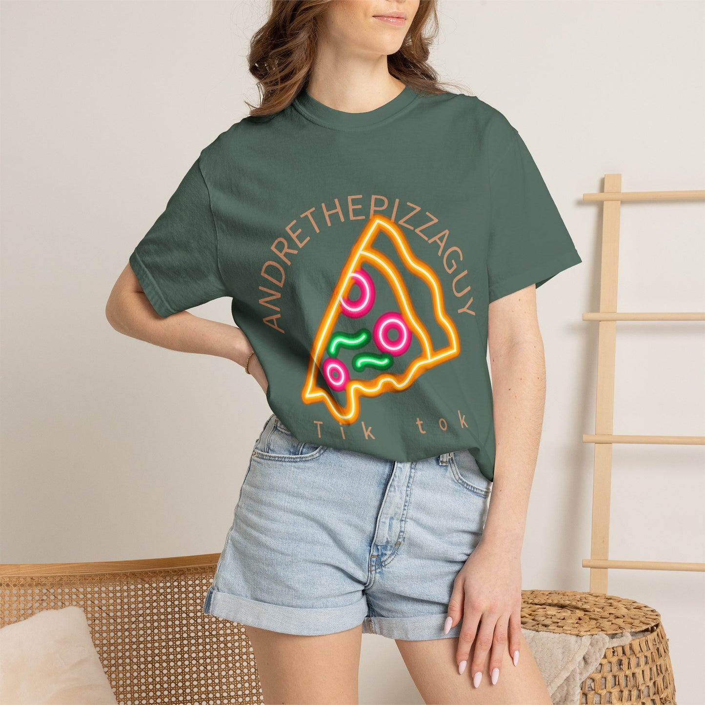 Pizza Slice Graphic T-Shirt – "ANDRETHEPIZZAGUY" Neon Design