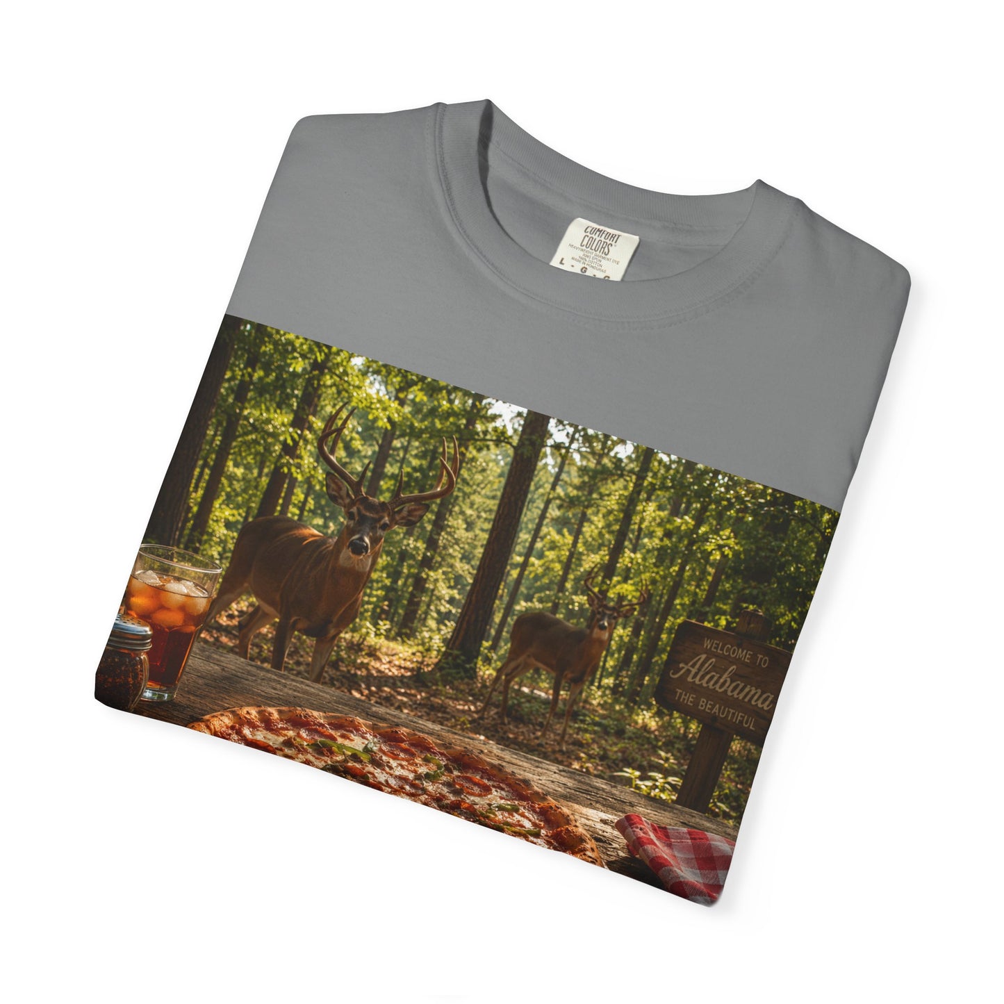 Pizza Picnic T‑Shirt — Forest Camping Pizza Scene