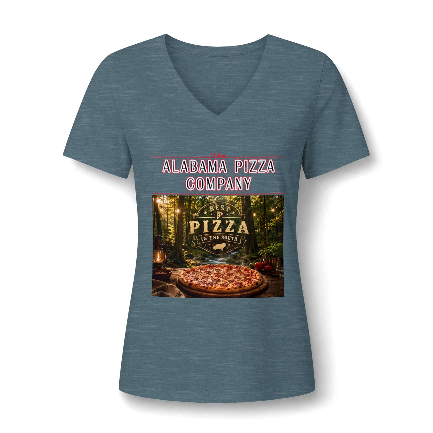 Pizza Company V-Neck Tee — "Mama Pizza Company" Rustic Wood-Fired Pizza Graphic