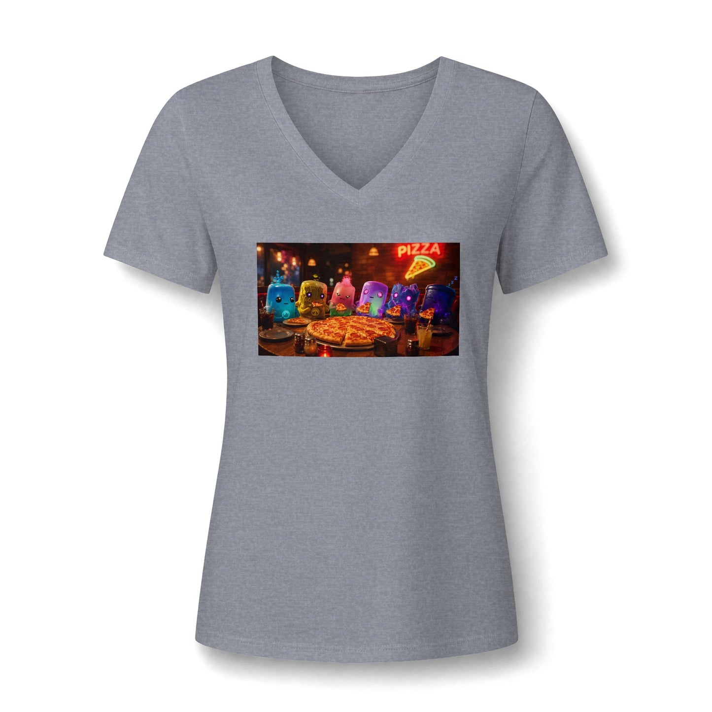 Pizza Night V‑Neck Tee — Colorful Arcade Slice Design