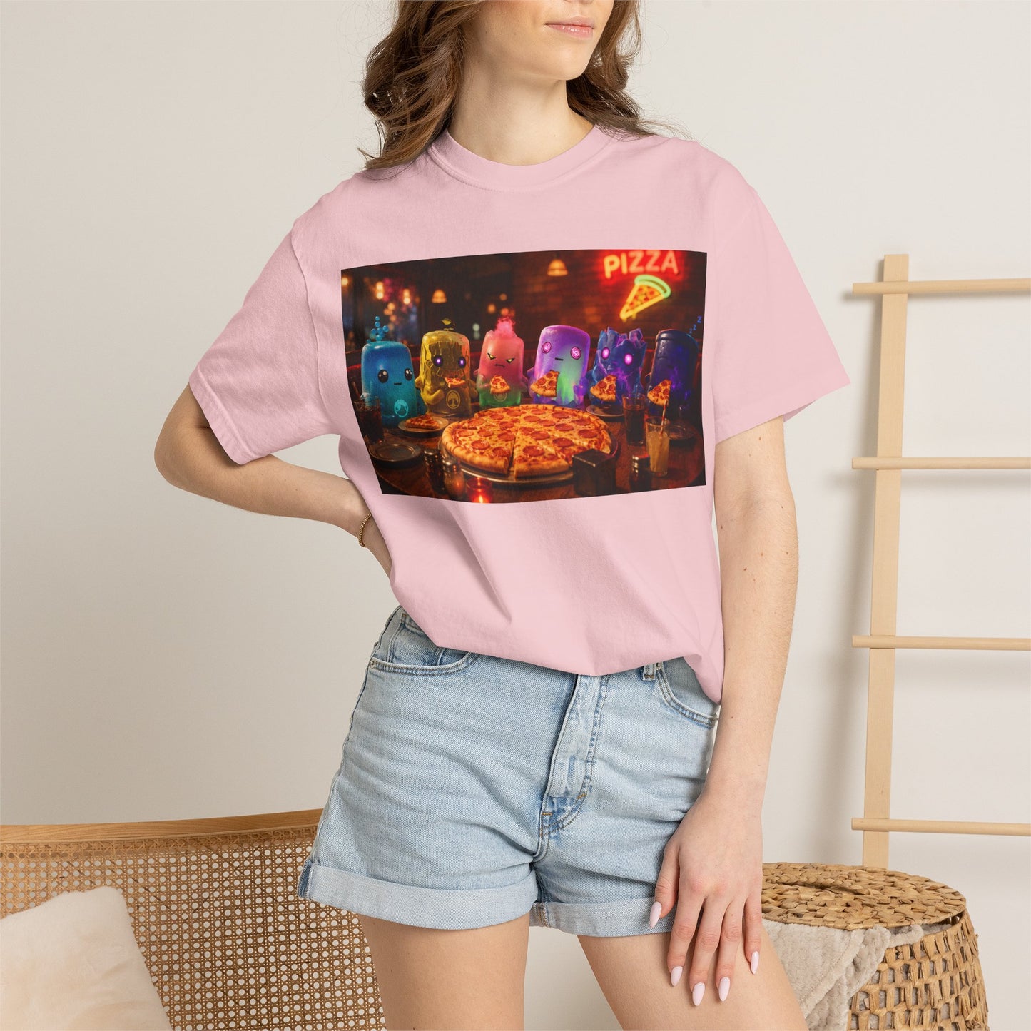 Pizza Night Ghosts T-Shirt — Neon Retro Pizza Party Tee