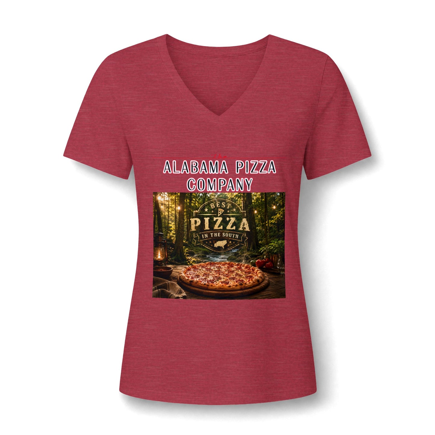 Pizza Company V-Neck Tee — Rustic Wood-Fired Pizza Graphic