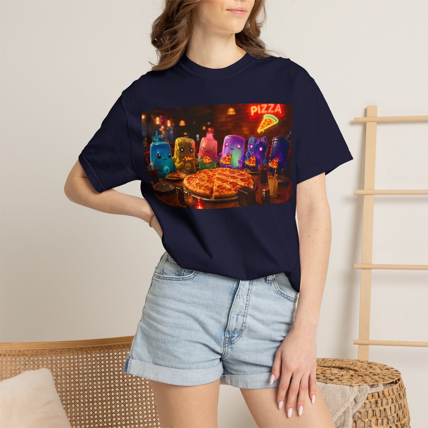 Pizza Night Ghosts T-Shirt — Neon Retro Pizza Party Tee