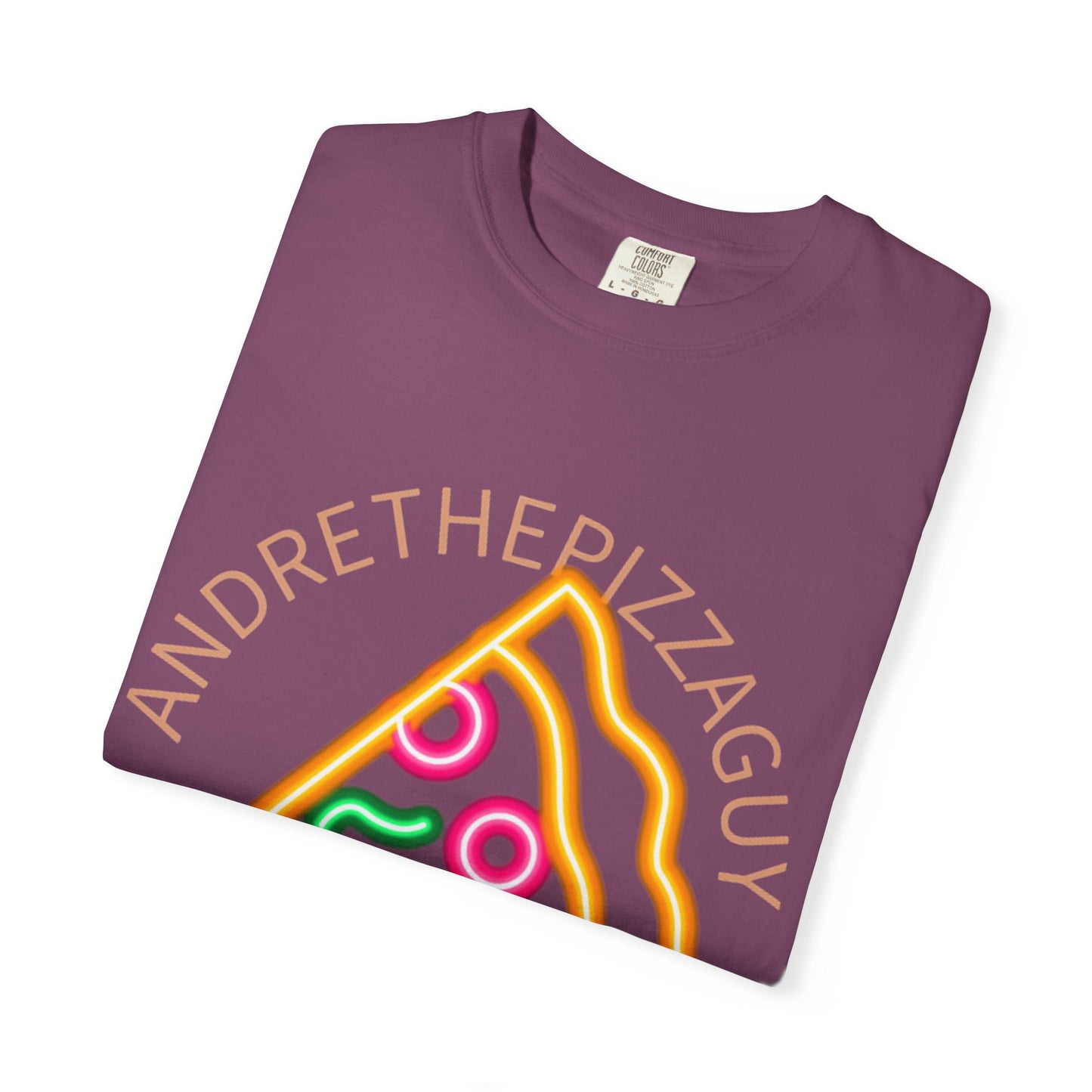 Pizza Slice Graphic T-Shirt – "ANDRETHEPIZZAGUY" Neon Design