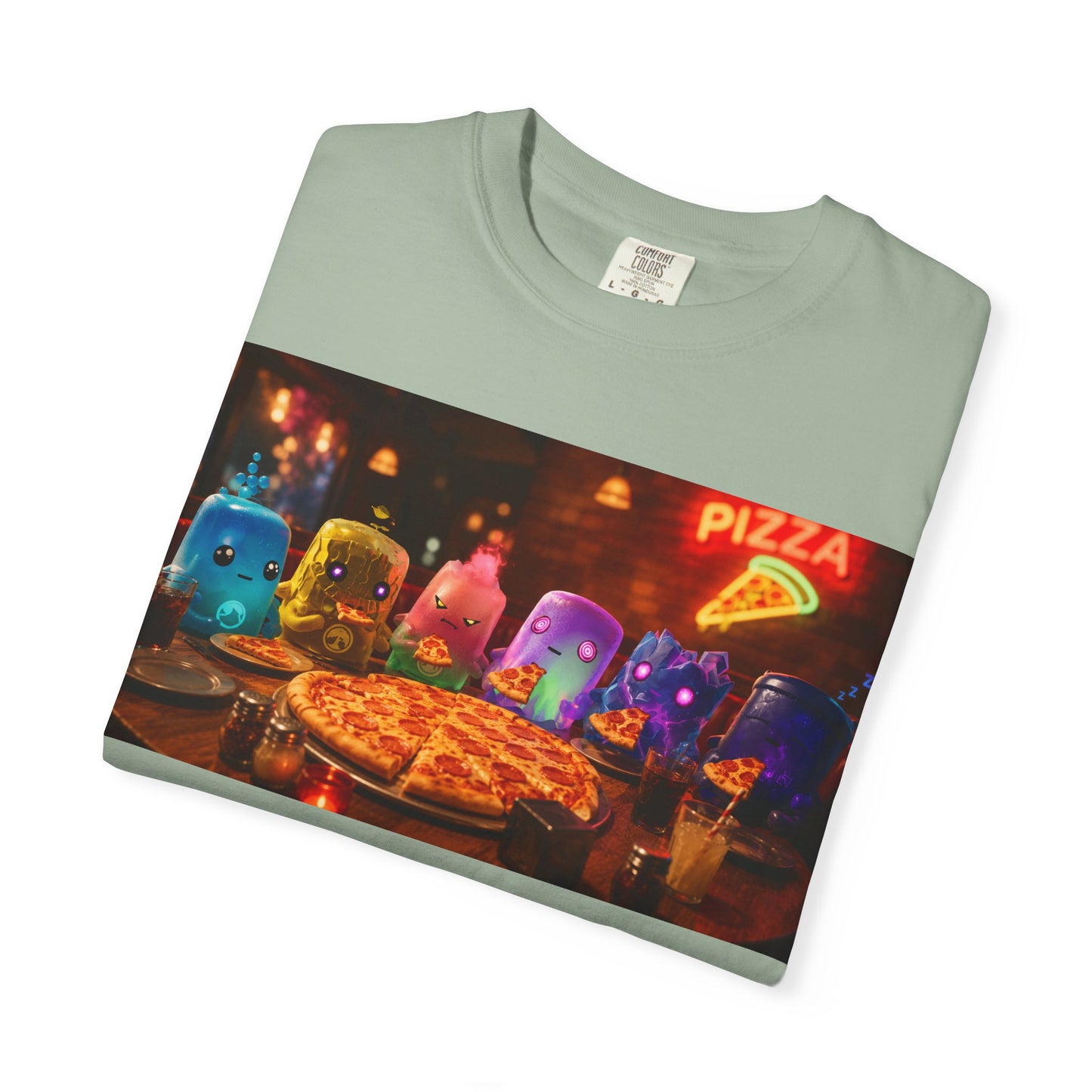 Pizza Night Ghosts T-Shirt — Neon Retro Pizza Party Tee
