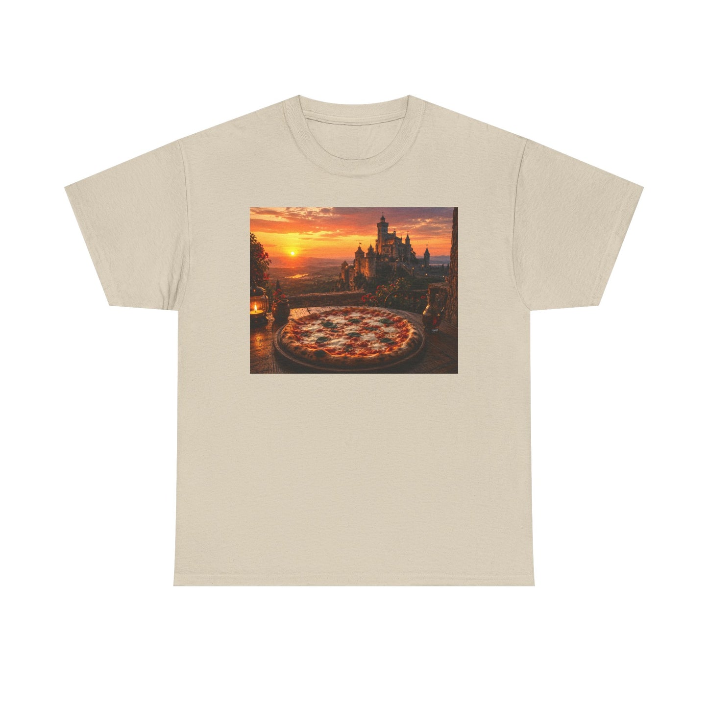 Pizza Sunset T‑Shirt — Scenic Castle & Pizza Print Tee