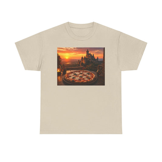 Pizza Sunset T‑Shirt — Scenic Castle & Pizza Print Tee
