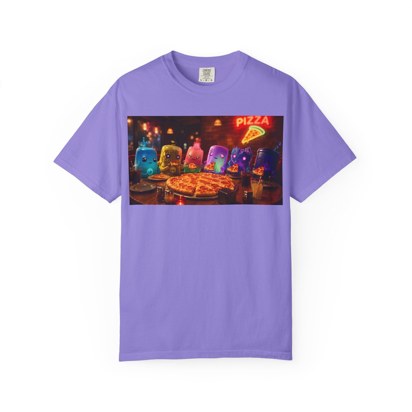 Pizza Night Ghosts T-Shirt — Neon Retro Pizza Party Tee