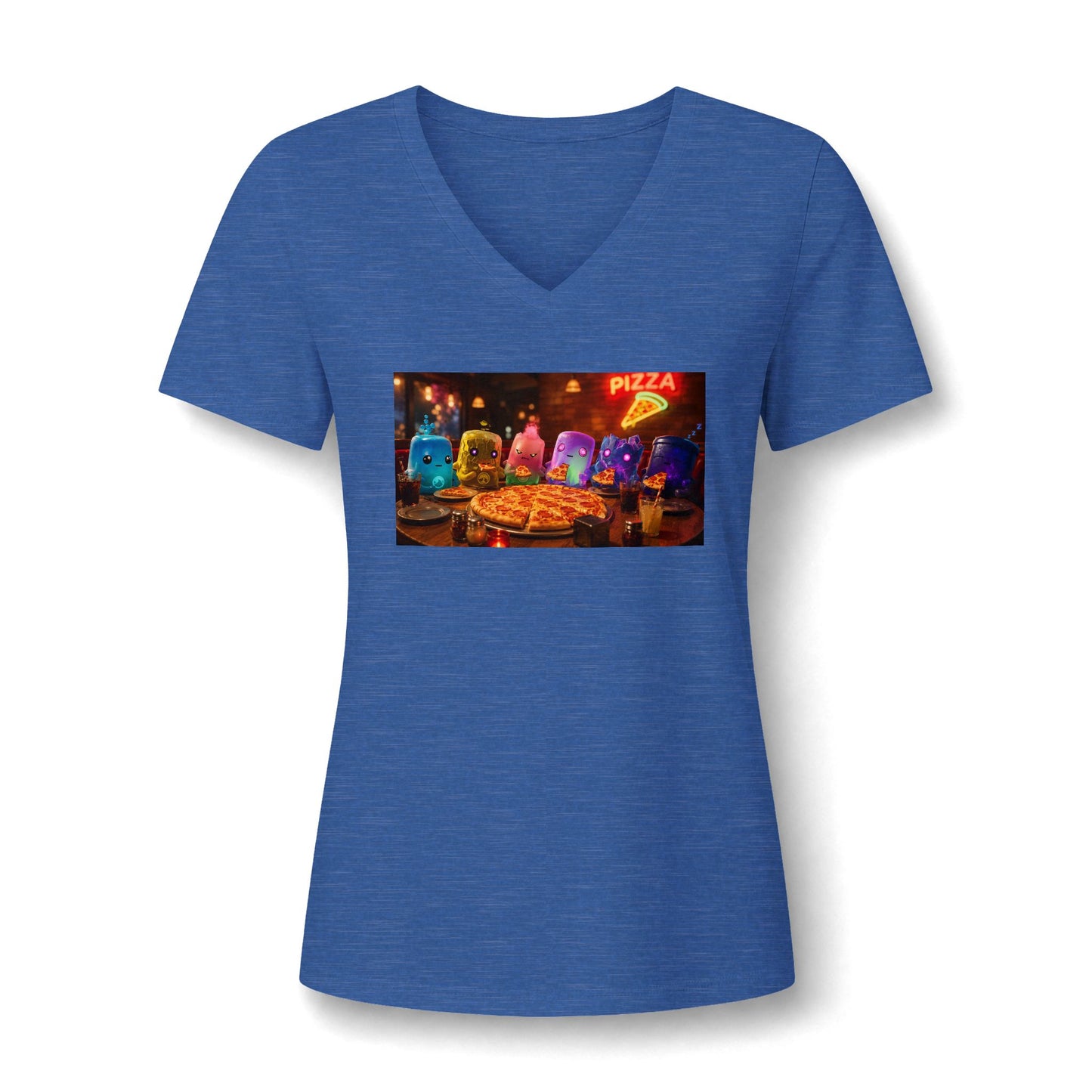 Pizza Night V‑Neck Tee — Colorful Arcade Slice Design