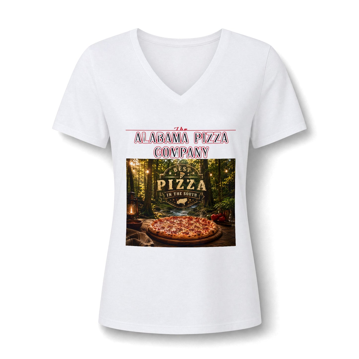 Pizza Company V-Neck Tee — Rustic Wood-Fired Pizza Graphic