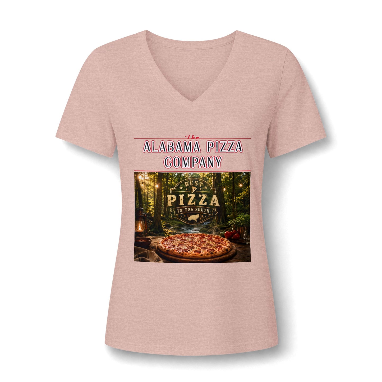 Pizza Company V-Neck Tee — "Mama Pizza Company" Rustic Wood-Fired Pizza Graphic