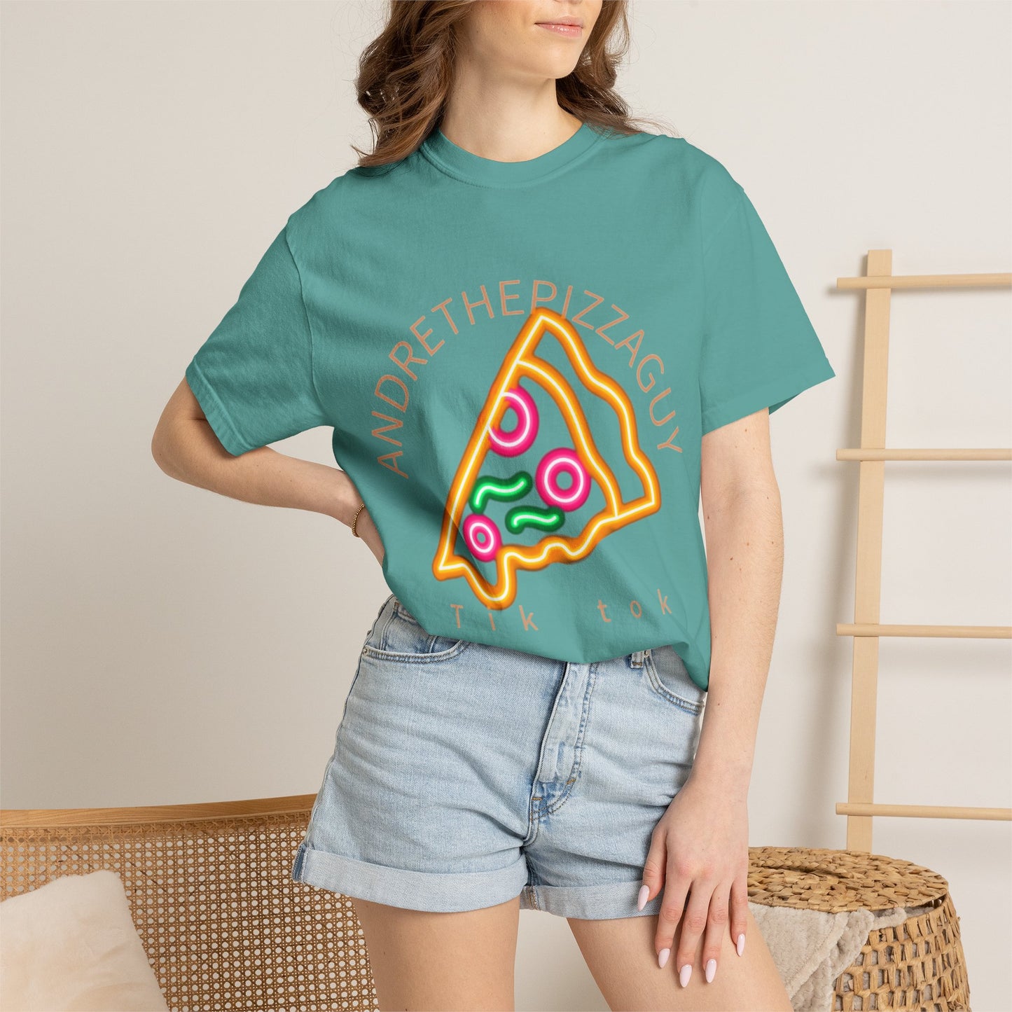 Pizza Slice Graphic T-Shirt – "ANDRETHEPIZZAGUY" Neon Design