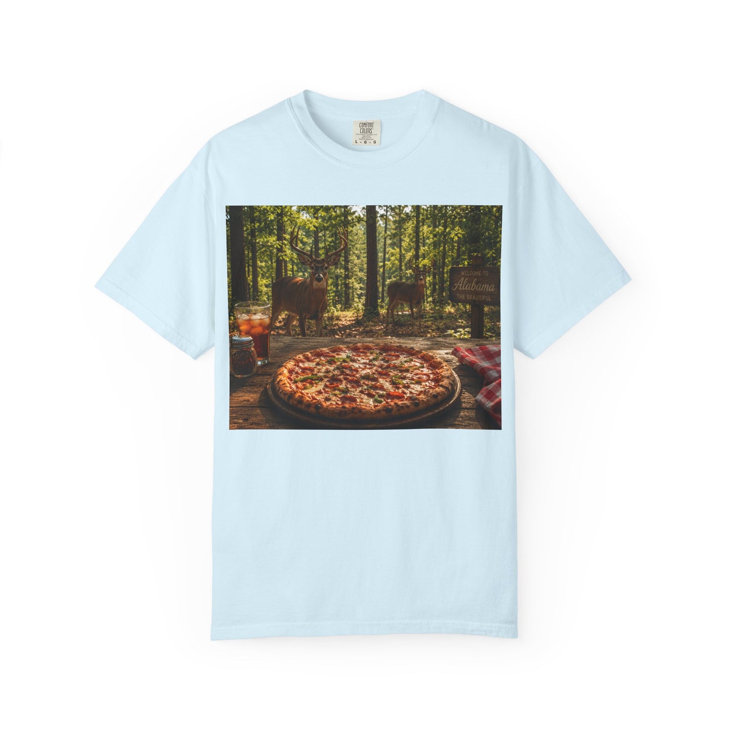 Pizza Picnic T‑Shirt — Forest Camping Pizza Scene