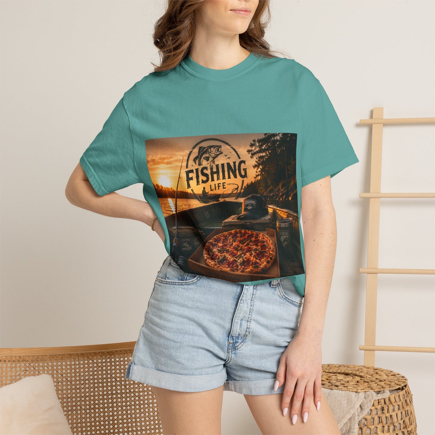 Fishing Life T-Shirt — Sunset Boat Pizza Graphic Tee