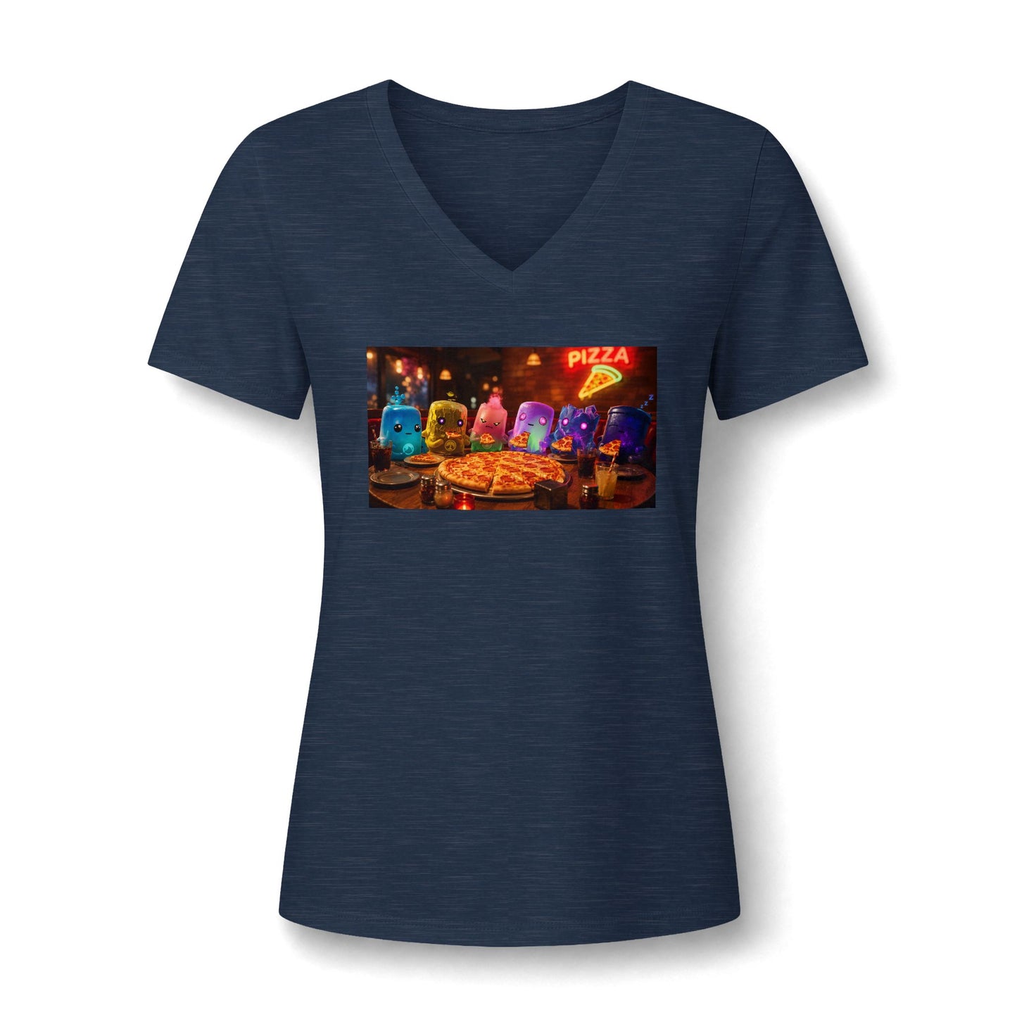 Pizza Night V‑Neck Tee — Colorful Arcade Slice Design