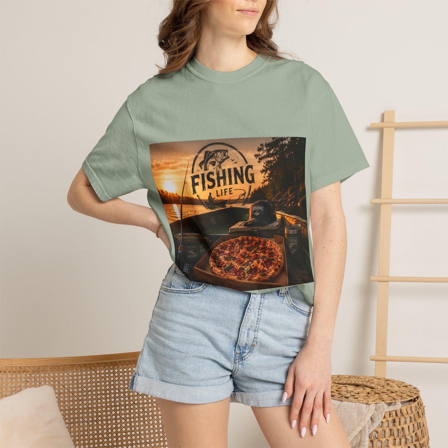 Fishing Life T-Shirt — Sunset Boat Pizza Graphic Tee