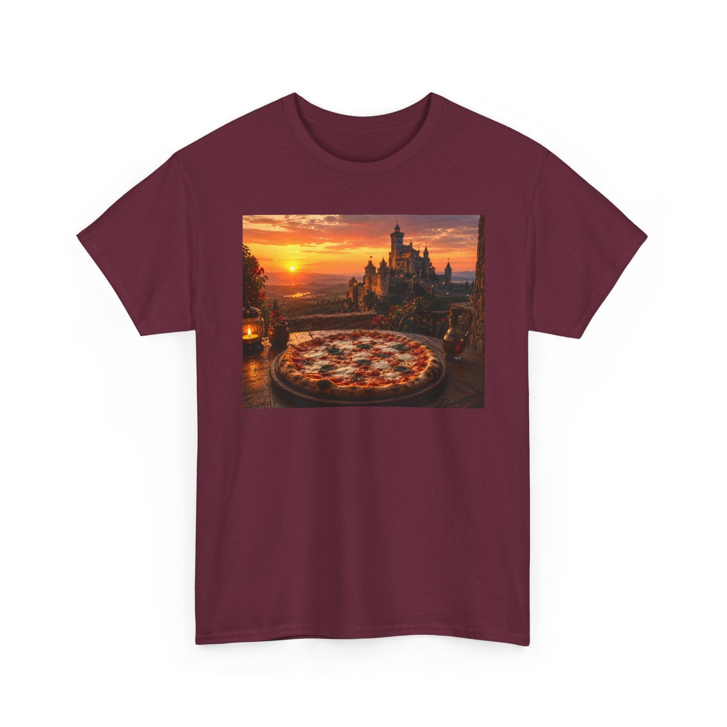 Pizza Sunset T‑Shirt — Scenic Castle & Pizza Print Tee