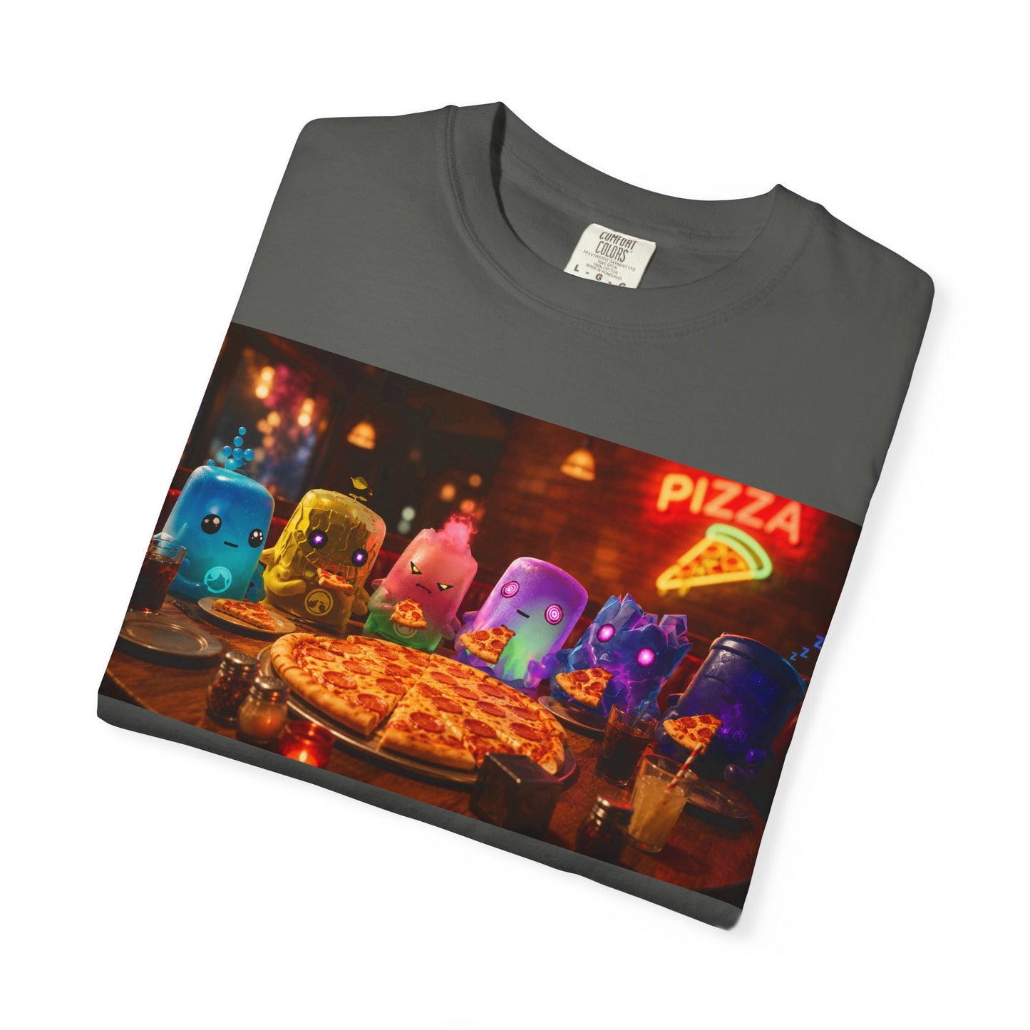 Pizza Night Ghosts T-Shirt — Neon Retro Pizza Party Tee