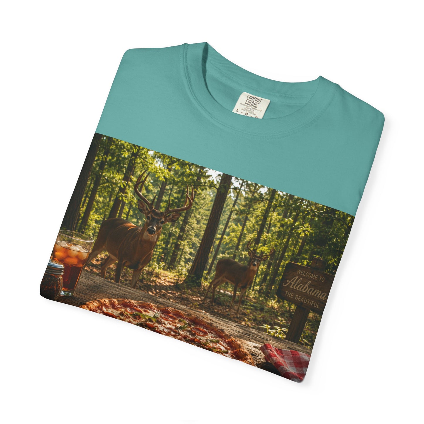 Pizza Picnic T‑Shirt — Forest Camping Pizza Scene