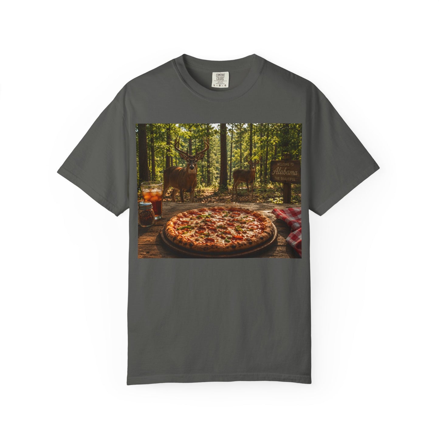 Pizza Picnic T‑Shirt — Forest Camping Pizza Scene
