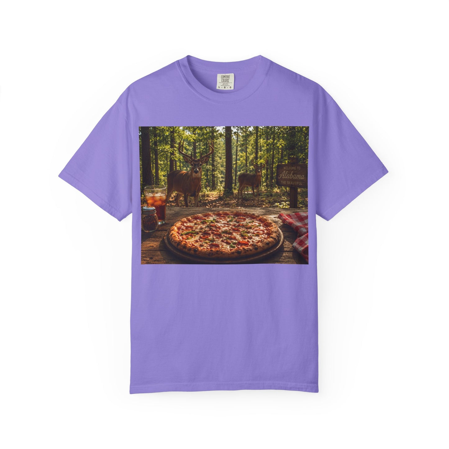 Pizza Picnic T‑Shirt — Forest Camping Pizza Scene