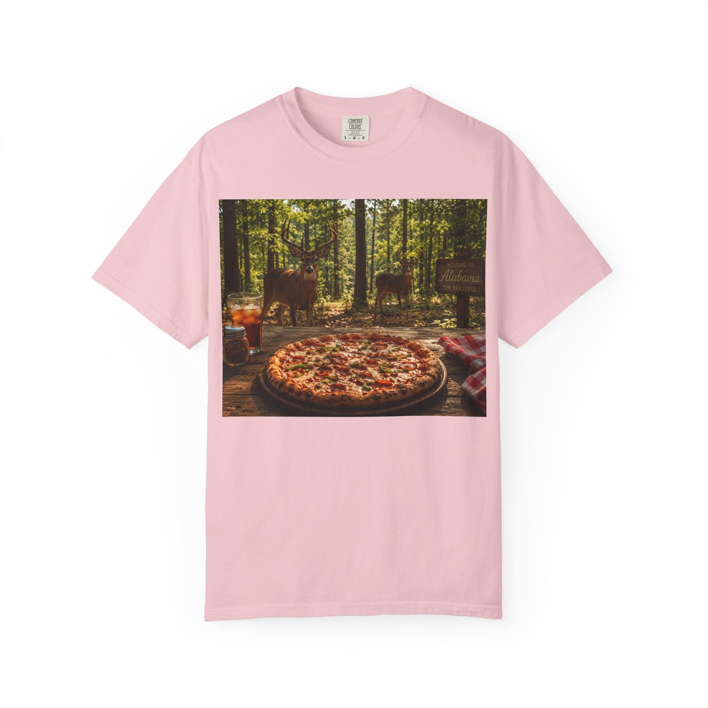 Pizza Picnic T‑Shirt — Forest Camping Pizza Scene