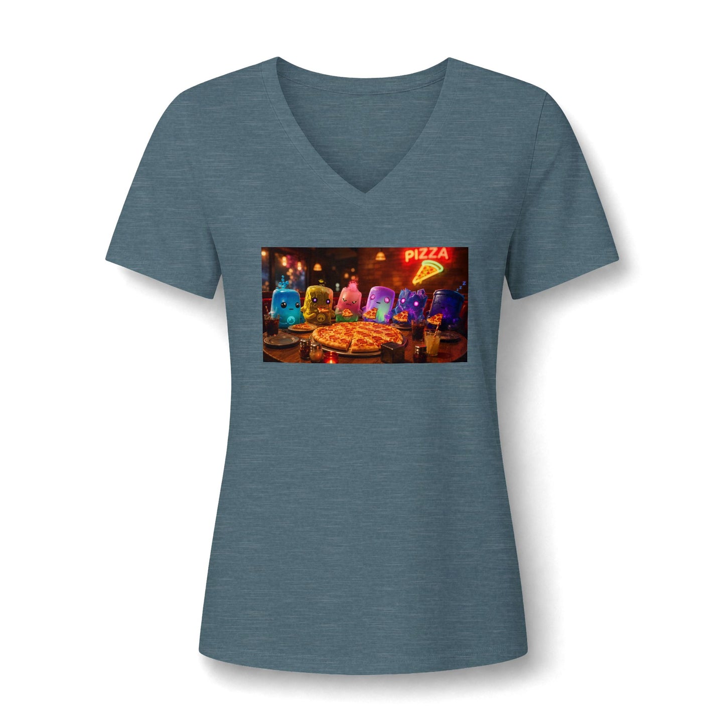 Pizza Night V‑Neck Tee — Colorful Arcade Slice Design