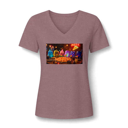 Pizza Night V‑Neck Tee — Colorful Arcade Slice Design