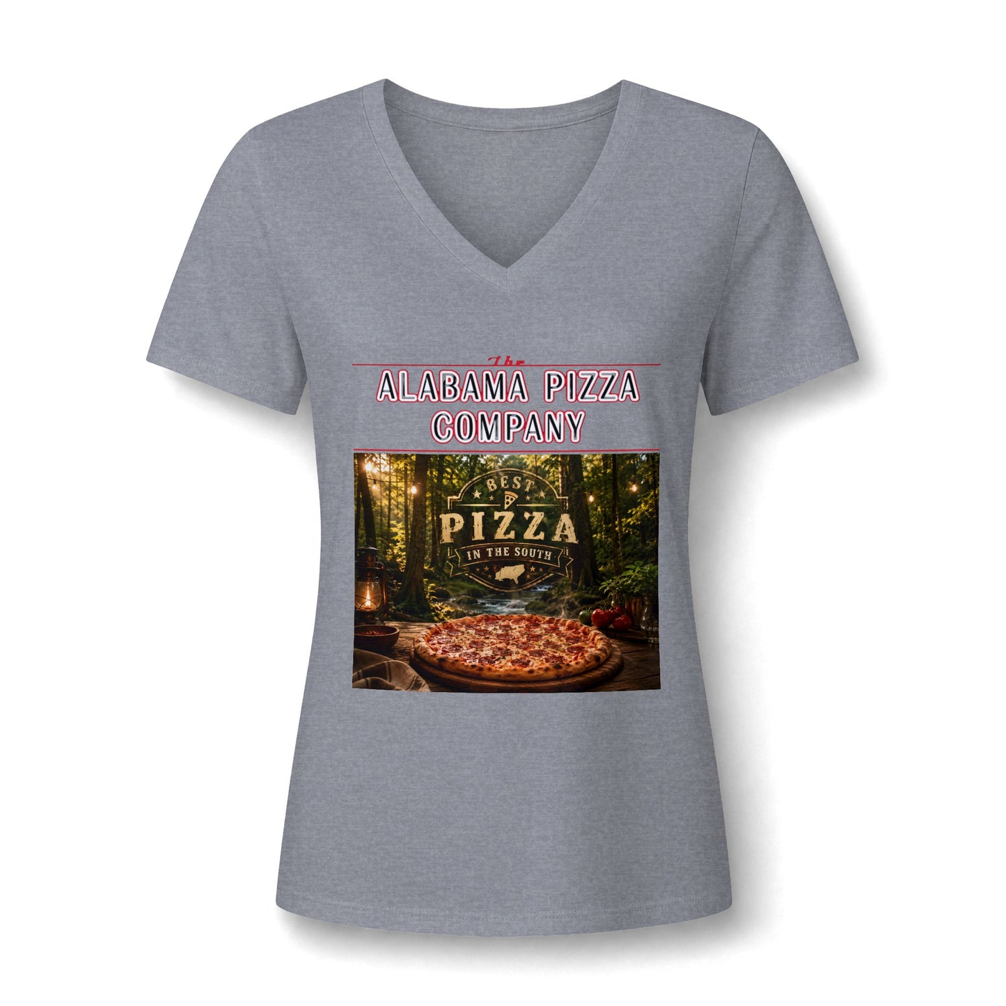 Pizza Company V-Neck Tee — "Mama Pizza Company" Rustic Wood-Fired Pizza Graphic