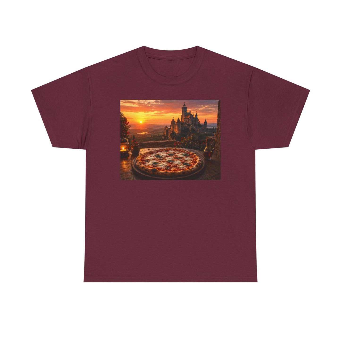 Pizza Sunset T‑Shirt — Scenic Castle & Pizza Print Tee