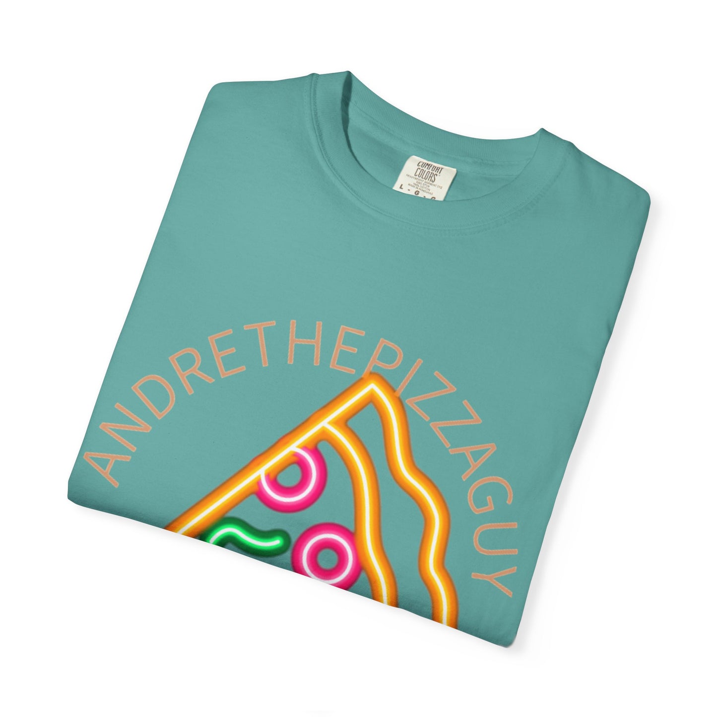 Pizza Slice Graphic T-Shirt – "ANDRETHEPIZZAGUY" Neon Design