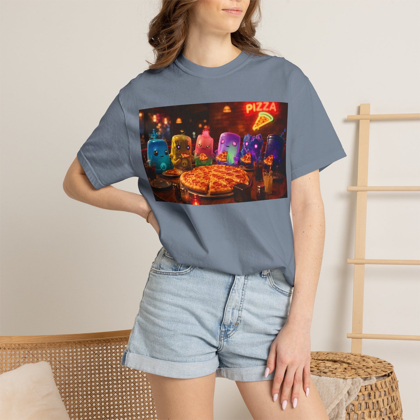 Pizza Night Ghosts T-Shirt — Neon Retro Pizza Party Tee