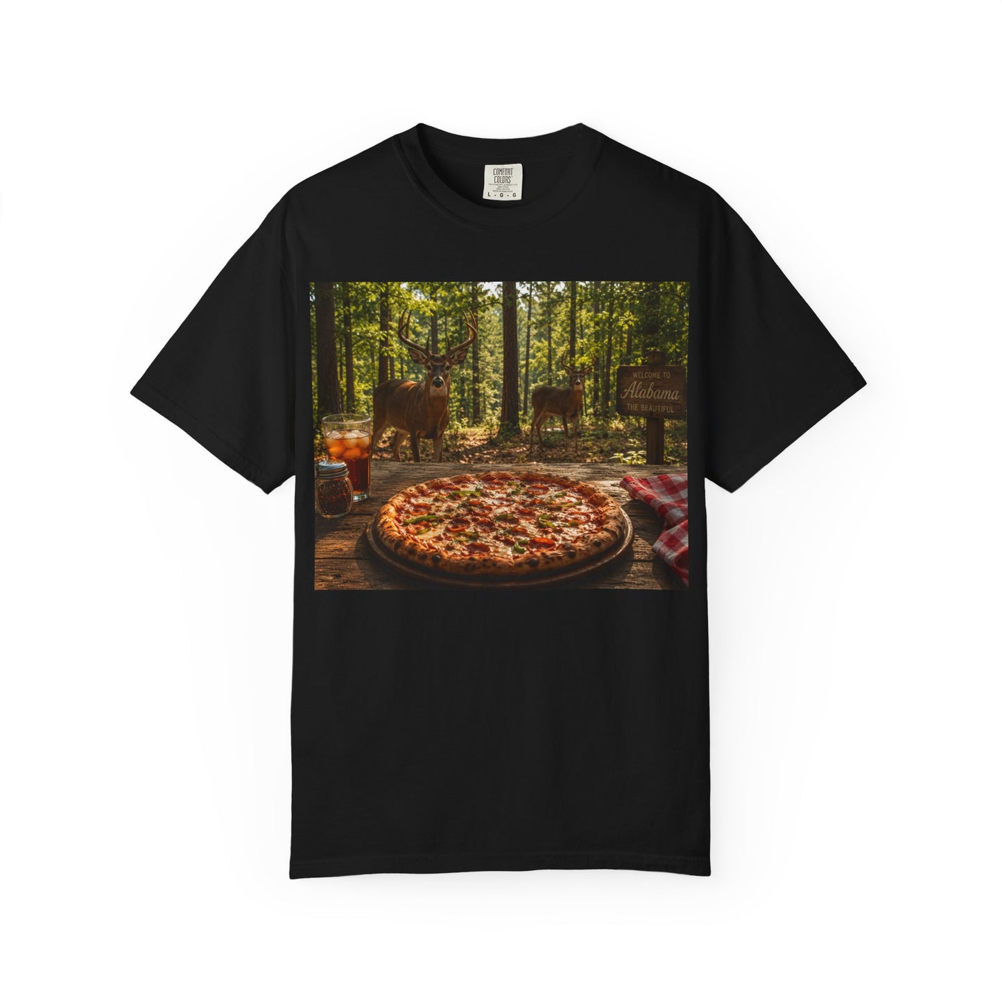 Pizza Picnic T‑Shirt — Forest Camping Pizza Scene