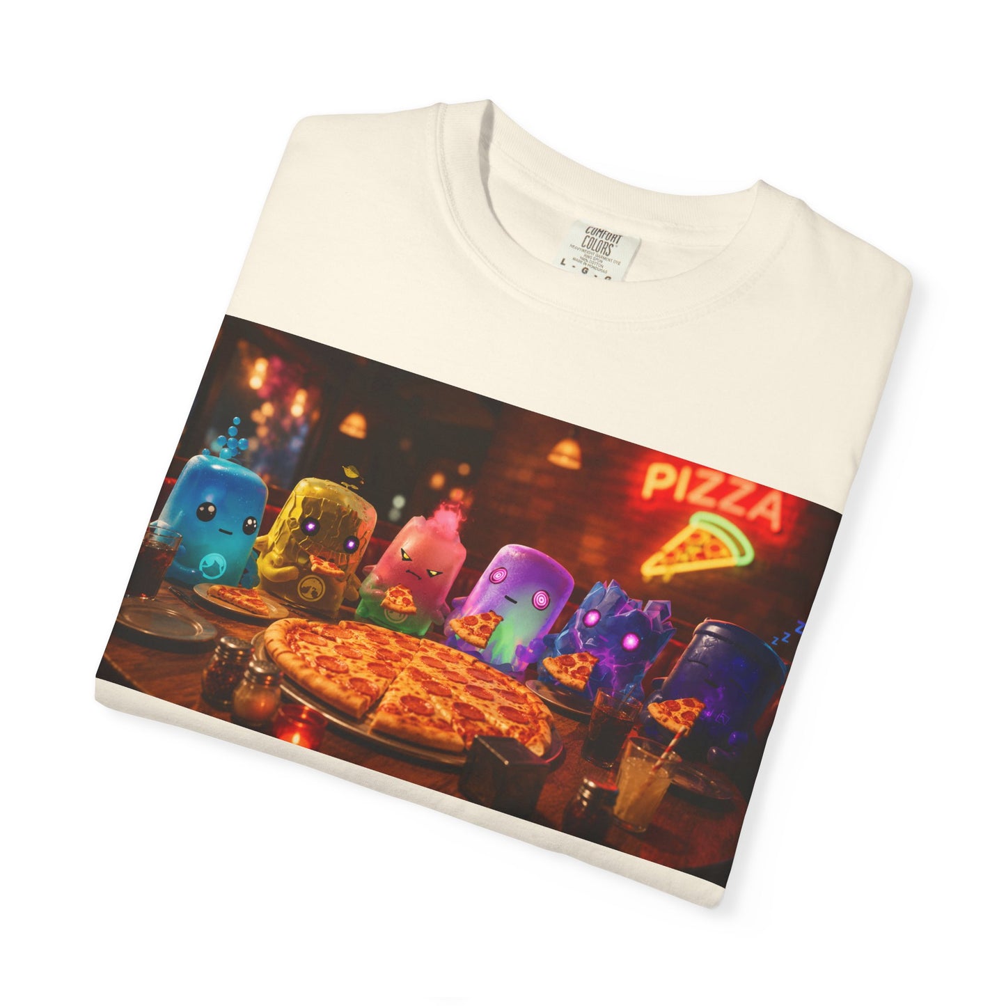 Pizza Night Ghosts T-Shirt — Neon Retro Pizza Party Tee