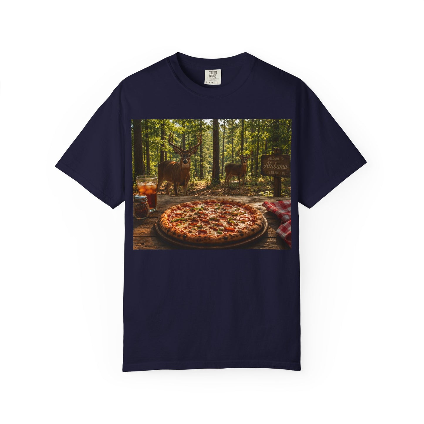 Pizza Picnic T‑Shirt — Forest Camping Pizza Scene