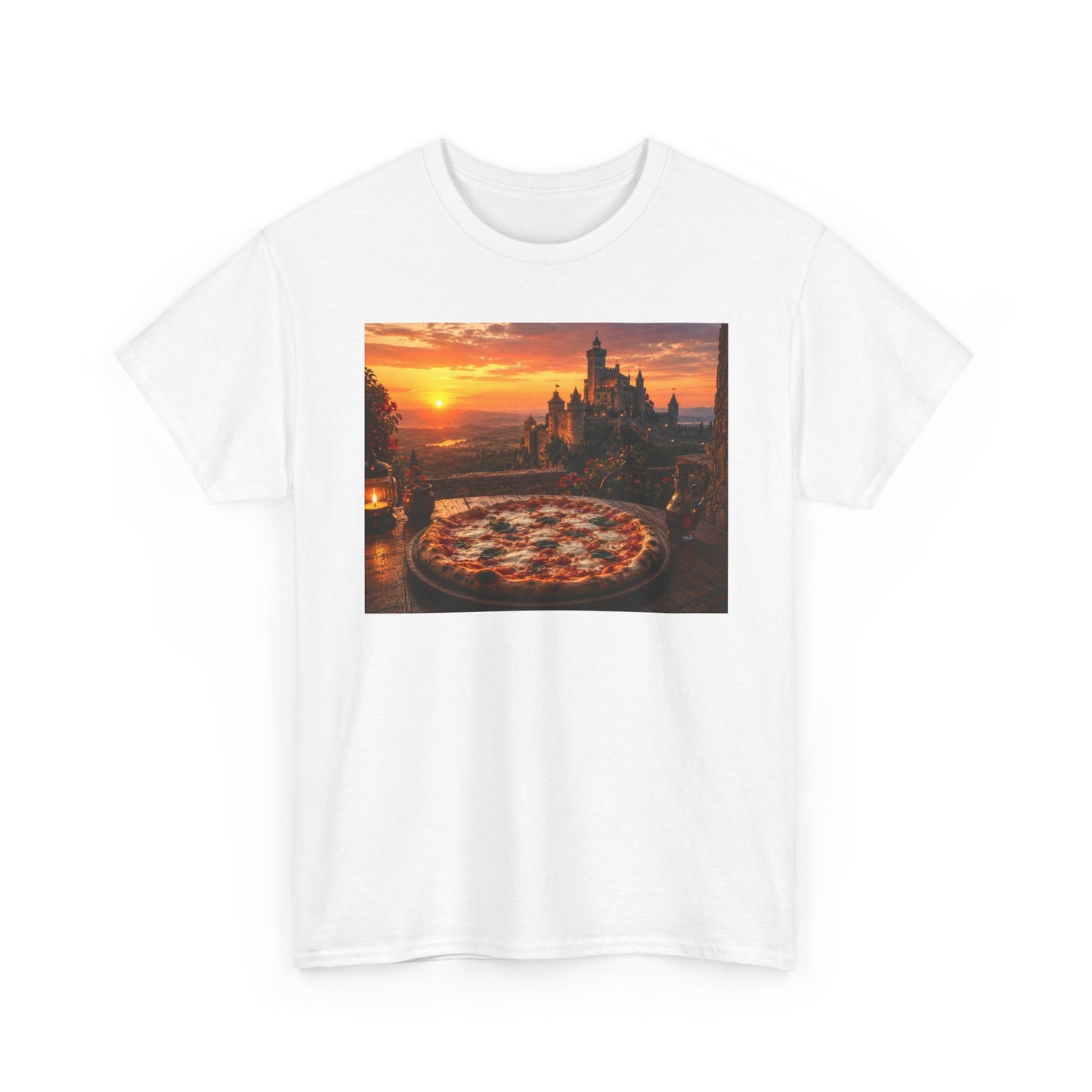 Pizza Sunset T‑Shirt — Scenic Castle & Pizza Print Tee