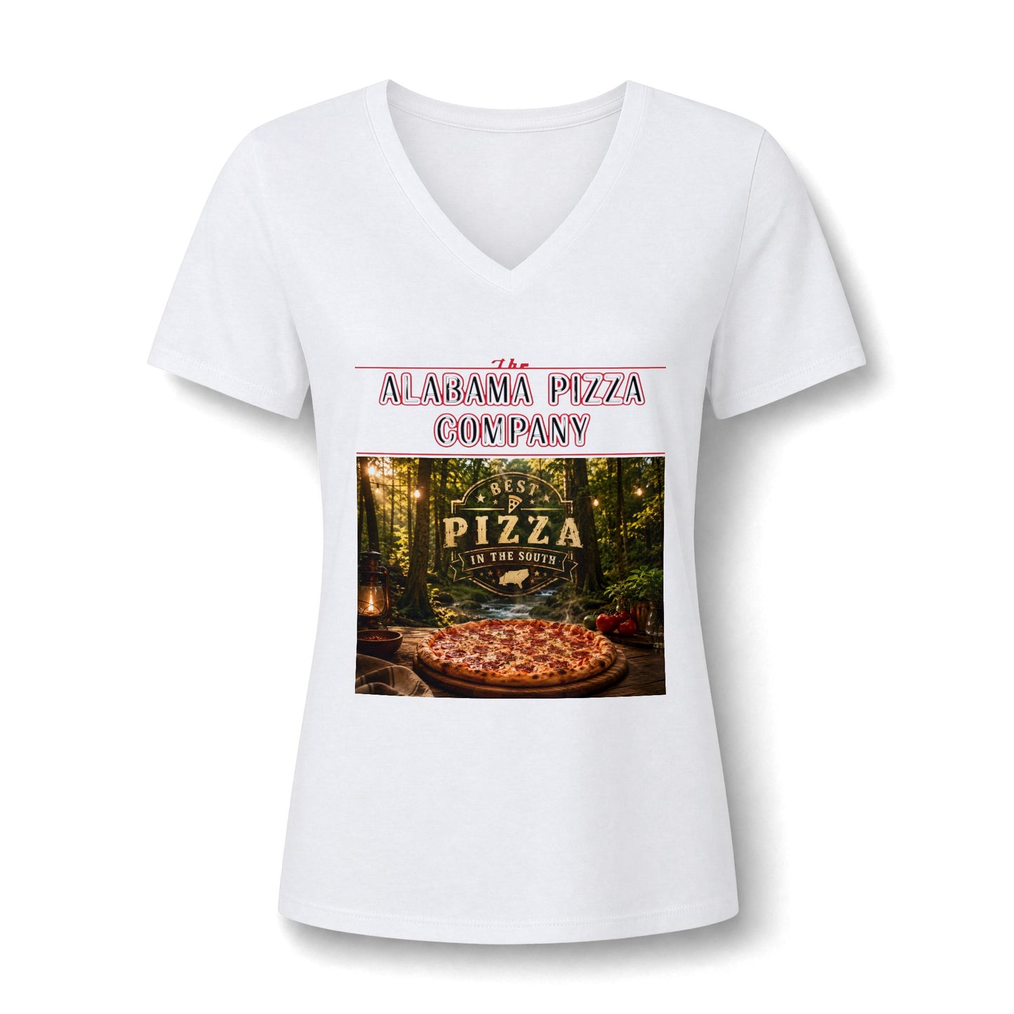 Pizza Company V-Neck Tee — "Mama Pizza Company" Rustic Wood-Fired Pizza Graphic